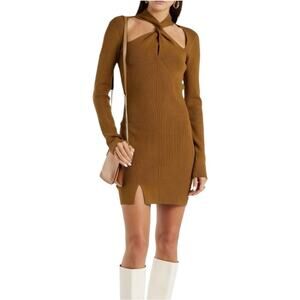 NWT NICHOLAS Braulia Twist Front Long Sleeve Brown Ribbed Mini Dress LARGE